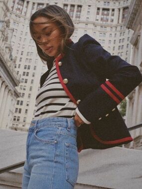 ME+EM Navy Wool Military Blazer Jacket Gold Buttons Red Contrast | UK 12 US 8